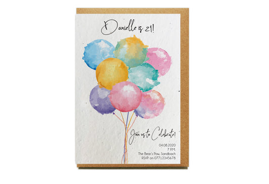 Plantable Seed Paper Party Invitation - WATERCOLOUR BALLOONS Little Green Paper Shop