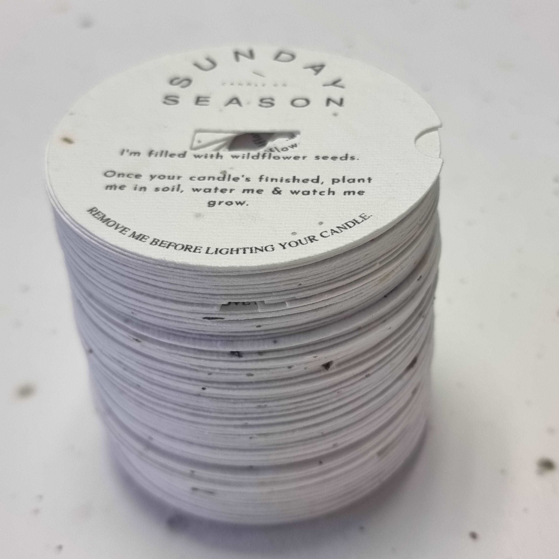 Candle Dust Covers - Custom Candle Dust Cover - 80mm round plus tab +  single wick hole. Printed on 300gsm card and matt laminated both sides.  From 200 pieces.