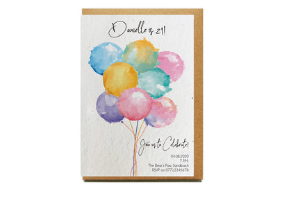 Plantable Seed Paper Party Invitation - WATERCOLOUR BALLOONS  Little Green Paper Shop